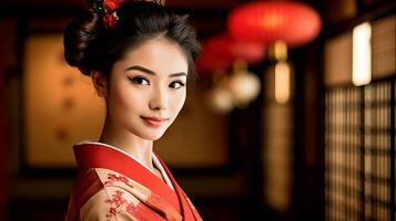 ai generiert Frau tragen rot und Weiß Kimono mit rot Blume im Haar foto