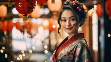 ai generiert Frau im Kimono posiert inmitten traditionell Laternen foto