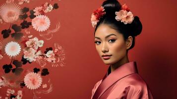 ai generiert Frau im Rosa Kimono mit Blumen- Haarteil foto