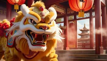 ai generiert Chinesisch Löwe tanzen im das Tempel foto