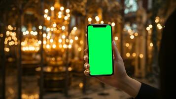 ai generiert subjektiv Aussicht von ein Hand halten ein Handy, Mobiltelefon Telefon mit grüner Bildschirm zum Ändern das Anzeige Inhalt foto