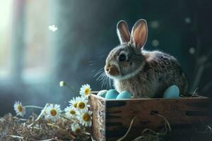 ai generiert glücklich Ostern, bezaubernd Ostern Hase mit Ostern Eier, bunt Ostern Eier, Banner und Hintergrund foto