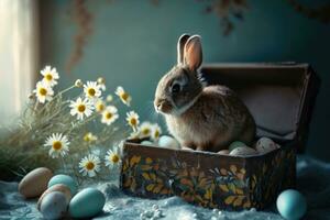 ai generiert glücklich Ostern, bezaubernd Ostern Hase mit Ostern Eier, bunt Ostern Eier, Banner und Hintergrund foto