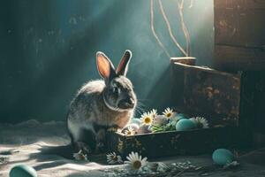 ai generiert glücklich Ostern, bezaubernd Ostern Hase mit Ostern Eier, bunt Ostern Eier, Banner und Hintergrund foto