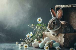 ai generiert glücklich Ostern, bezaubernd Ostern Hase mit Ostern Eier, bunt Ostern Eier, Banner und Hintergrund foto