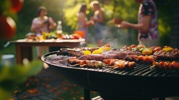 ai generiert Grill Party Hinterhof, ein Grill Teller beim ein Party zwischen freunde oder Familie, ai generativ foto