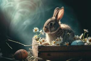 ai generiert glücklich Ostern, bezaubernd Ostern Hase mit Ostern Eier, bunt Ostern Eier, Banner und Hintergrund foto