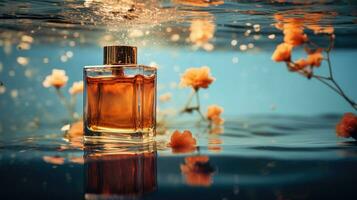 ai generiert Produkt Foto von ein Parfüm schwebend auf das Wasser Oberfläche, ai generativ