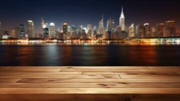 ai generiert leer Holz Tischplatte mit verschwommen Nacht Stadt Horizont und Fluss, Vitrine, Nachtleben, ai generativ foto