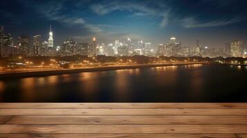 ai generiert leer Holz Tischplatte mit verschwommen Nacht Stadt Horizont und Fluss, Vitrine, Nachtleben, ai generativ foto