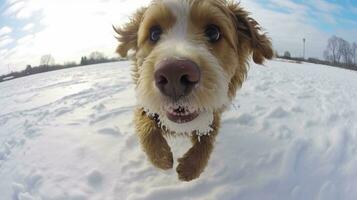 ai generiert Fischauge Porträt von Hund auf Schnee bedeckt Feld, ai generativ foto