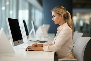 ai generiert Geschäft Frau Arbeiten auf Laptop im das Büro foto