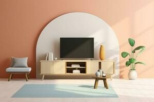 ai generiert 3d gerendert minimal Stil modern Fernseher LED auf das Kabinett im modern Leben Zimmer auf Pastell- Hintergrund foto