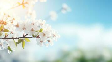 ai generiert blühen Obst Baum Ast gegen Blau Himmel, Frühling Hintergrund foto