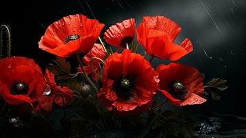 ai generiert rot Mohn Blumen gegen ein dramatisch schwarz Himmel foto