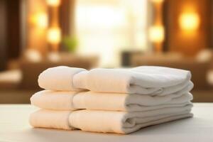 ai generiert Stapel von ordentlich gefaltet Weiß Handtücher auf ein Bett im ein Hotel Zimmer foto