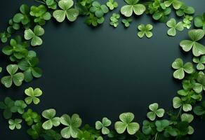 ai generiert Rahmen von Kleeblatt Blätter auf ein Grün Hintergrund. festlich Hintergrund zum st. Patrick's Tag foto