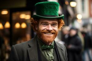 ai generiert heiter bärtig rothaarig Mann im ein groß traditionell st. Patrick's oben Hut foto