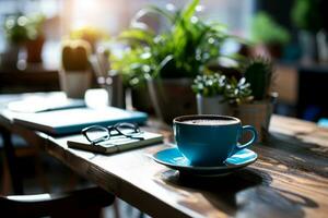 ai generiert Blau Kaffee im Büro Hintergrund. Blau Montag Konzept und Kopieren Raum. generativ ai foto