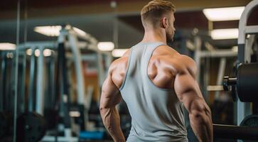 ai generiert muskulös Bodybuilder Ausbildung, muskulös Bodybuilder im das Fitnessstudio, jung Bodybuilder Ausbildung im das Fitnessstudio, jung Bodybuilder Heben Gewichte foto