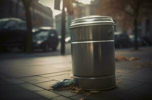 ai generiert metallisch Müll Behälter auf städtisch Straße Nahansicht Foto. generieren ai foto