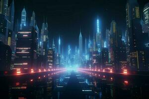 ai generiert futuristisch 3d machen Cyber Nacht Stadtbild mit fesselnd Helligkeit foto