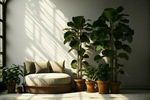 ai generiert künstlerisch 3d Darstellung Licht gefüllt Zimmer, geschmückt mit ein üppig Pflanze foto