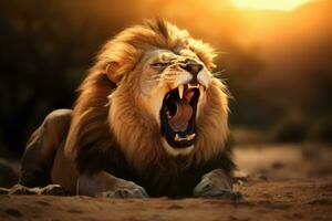 ai generiert Nahansicht von ein wütend brüllend Löwe bereit zu Attacke. generativ ai foto