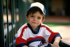 ai generiert Autismus. Kind. früh Zeichen von Autismus Syndrom im Kinder. tragen Baseball Anzug. ai generativ foto