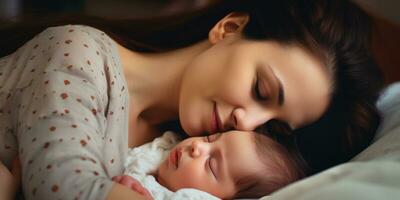 ai generiert Mutter umarmen ihr Neugeborene Baby , liebend, froh, ai generiert foto