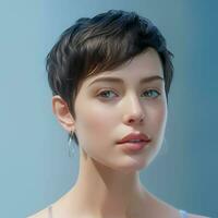 ai generiert Nahansicht Mode Studio Foto von ein elegant braunhaarig Frau mit ein modisch kurz Haarschnitt isoliert Über Blau Hintergrund