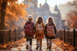 ai generiert Schulkinder sind Gehen Nieder das Straße. zurück Sicht. foto