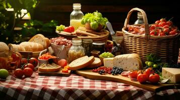 ai generiert Snacks Korb Picknick Essen foto