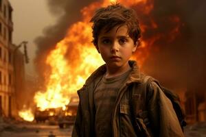 ai generiert ein jung Junge Stehen im Vorderseite von ein Verbrennung Gebäude Bokeh Stil Hintergrund mit generativ ai foto
