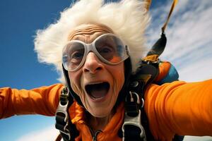 ai generiert ein alt Frau nehmen ein Selfie während Fallschirmspringen mit generiert ai foto