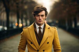 ai generiert gut aussehend Mann Modell- tragen Gelb passen Bokeh Stil Hintergrund mit generiert ai foto