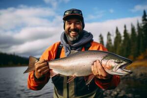 ai generiert ein Mann halten ein groß Fisch im das Fluss Bokeh Stil Hintergrund mit generativ ai foto