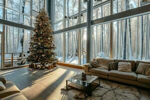 ai generiert geräumig Leben Zimmer festlich dekoriert mit Weihnachten Baum und schneebedeckt Wald Aussicht foto