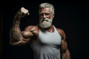 ai generiert ein Alten Mann Show seine Muskel im dunkel Hintergrund mit generativ ai foto