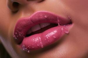 ai generiert ein schließen oben von ein Frau Rosa Lippen mit generativ ai foto