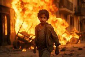 ai generiert ein jung Junge Stehen im Vorderseite von ein Verbrennung Gebäude Bokeh Stil Hintergrund mit generativ ai foto