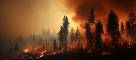 ai generiert tobt Lauffeuer Verbreitung durch das Wälder von britisch Columbia, Kanada mit hoch aufragend Flammen foto