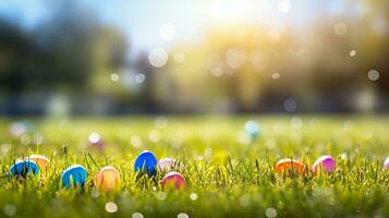 ai generiert beschwingt Ostern Banner mit bunt Eier im üppig Gras, Sonne Strahlen, defokussiert Hintergrund foto