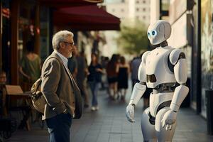 ai generiert ein alt Mann reden mit Roboter Bokeh Stil Hintergrund mit generativ ai foto