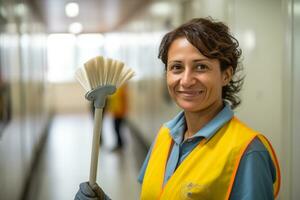 ai generiert ein Porträt von Haushälterin lächelnd im ihr Arbeitsplatz Bokeh Stil Hintergrund mit generativ ai foto