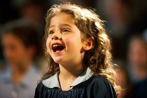 ai generiert ein jung Mädchen Singen auf das Bühne Bokeh Stil Hintergrund mit generiert ai foto