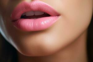 ai generiert ein schließen oben von ein Frau Rosa Lippen mit generativ ai foto