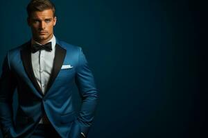 ai generiert gut aussehend Mann Modell- tragen Blau Smoking Bokeh Stil Hintergrund mit generiert ai foto