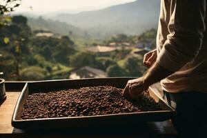 ai generiert ein Mann halten ein Holz Tablett von Kaffee Bohnen im Vorderseite von Natur Hintergrund Bokeh Stil Hintergrund mit generativ ai foto