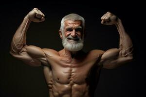 ai generiert ein Alten Mann Show seine Muskel im dunkel Hintergrund mit generativ ai foto